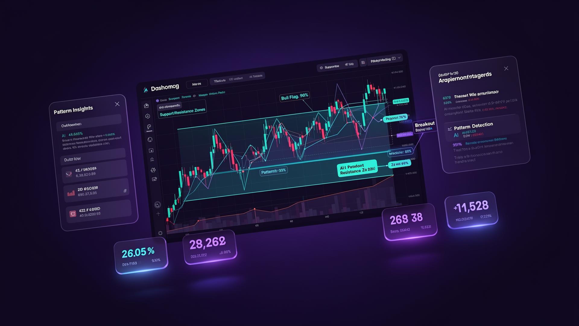 ChartLens AI dashboard analyzing a candlestick chart with pattern detection and support/resistance zones